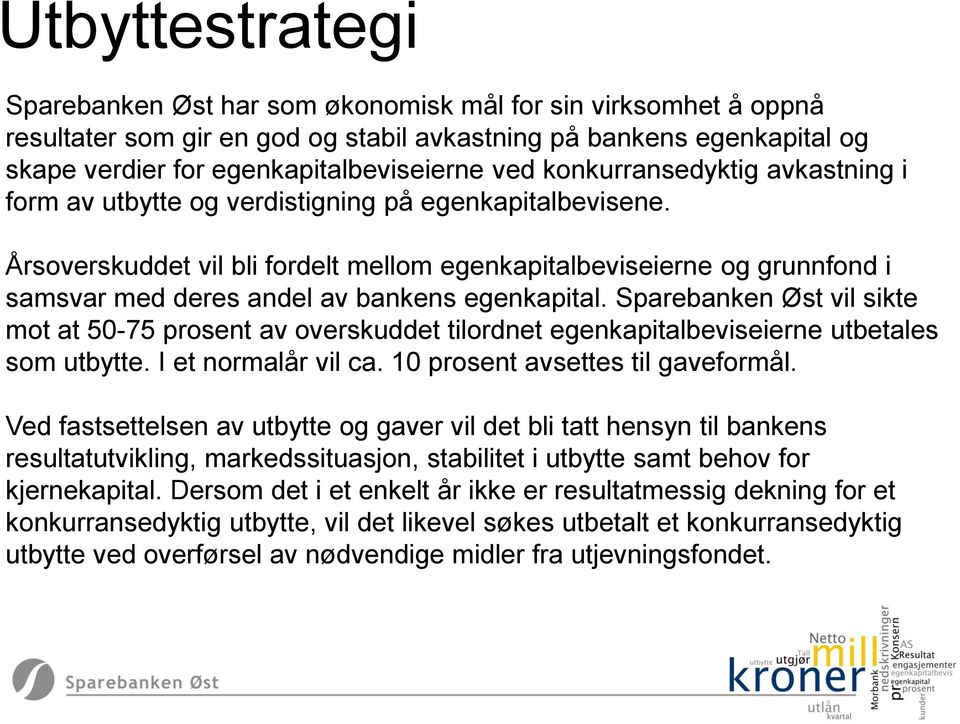 Årsoverskuddet vil bli fordelt mellom egenkapitalbeviseierne og grunnfond i samsvar med deres andel av bankens egenkapital.