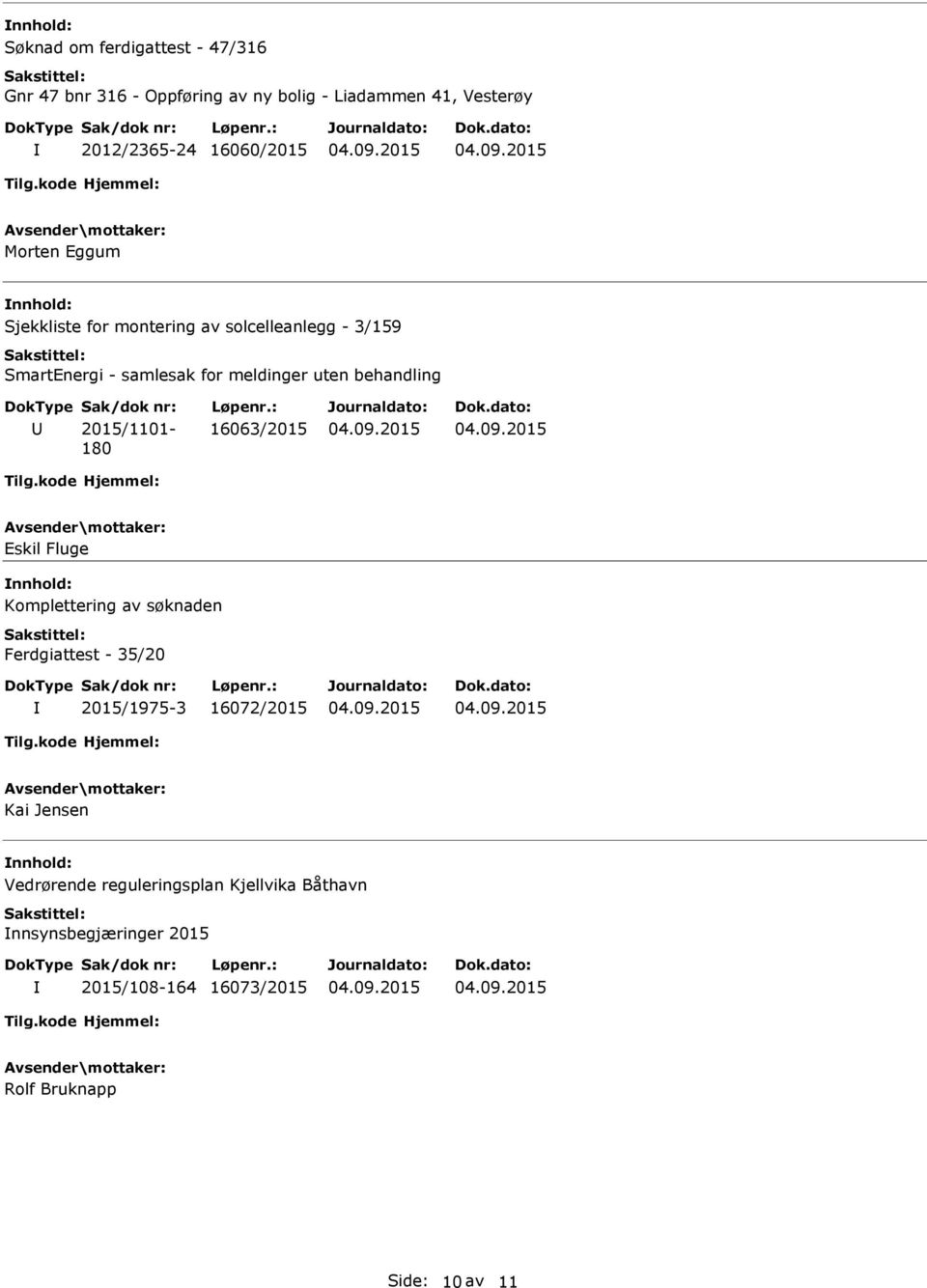 behandling 2015/1101-180 16063/2015 Eskil Fluge Komplettering av søknaden Ferdgiattest - 35/20 2015/1975-3 16072/2015