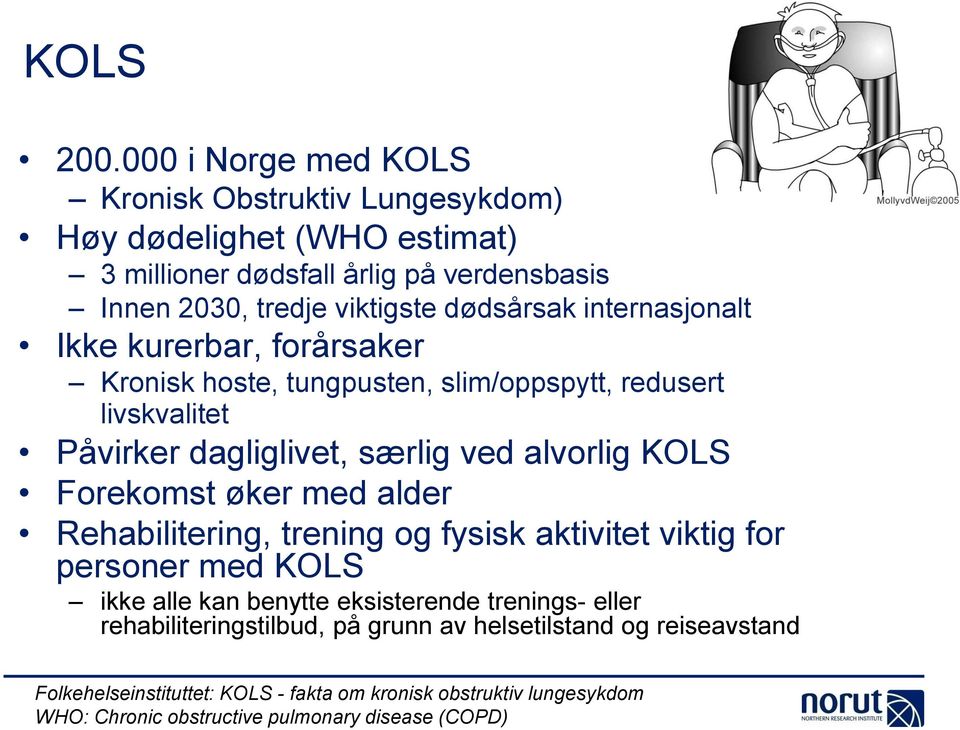 internasjonalt Ikke kurerbar, forårsaker Kronisk hoste, tungpusten, slim/oppspytt, redusert livskvalitet Påvirker dagliglivet, særlig ved alvorlig KOLS Forekomst