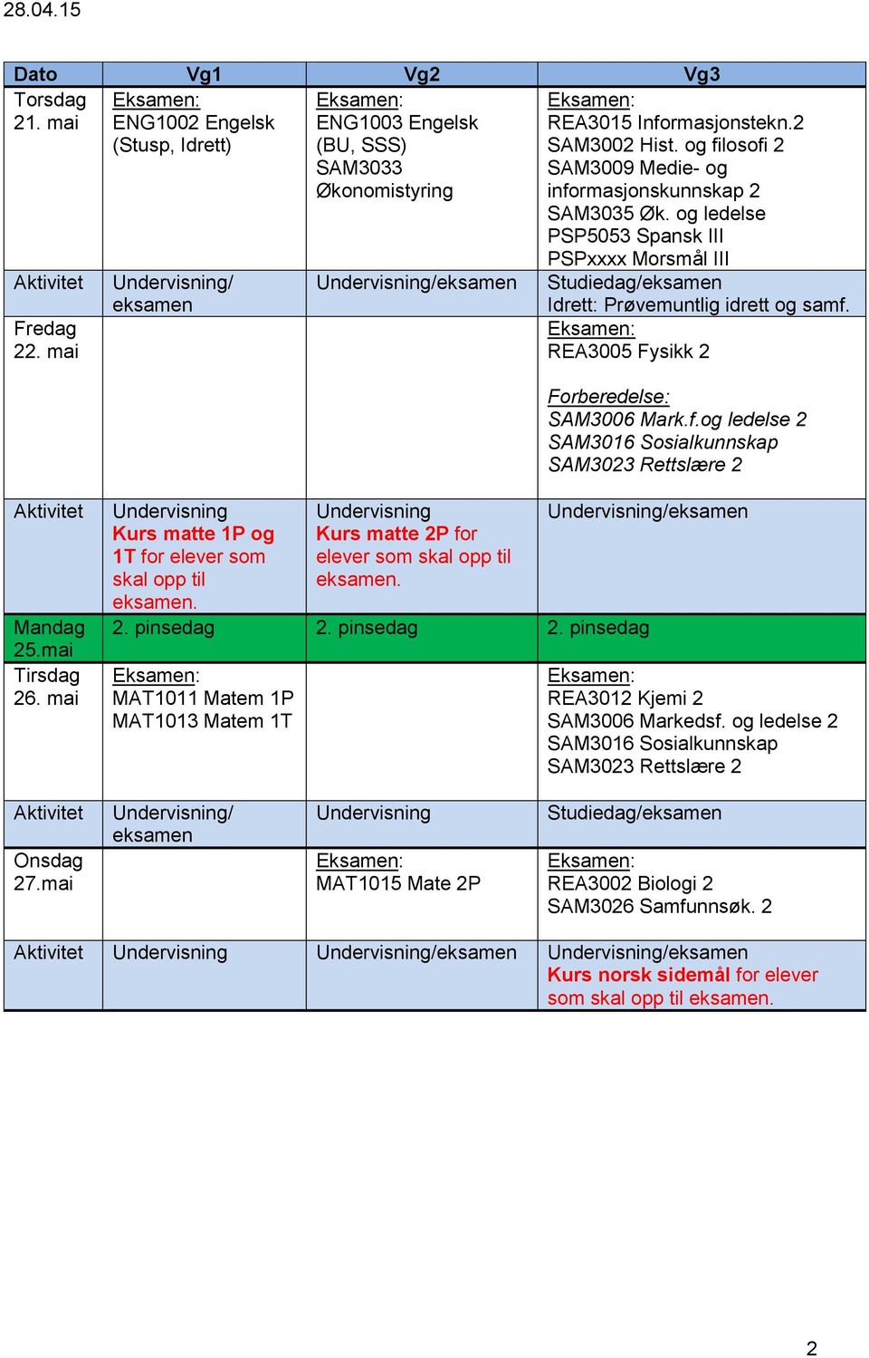 mai 26. mai Kurs matte 1P og 1T for elever som skal opp til. Kurs matte 2P for elever som skal opp til. / 2. pinsedag 2. pinsedag 2. pinsedag MAT1011 Matem 1P MAT1013 Matem 1T REA3012 Kjemi 2 SAM3006 Markedsf.