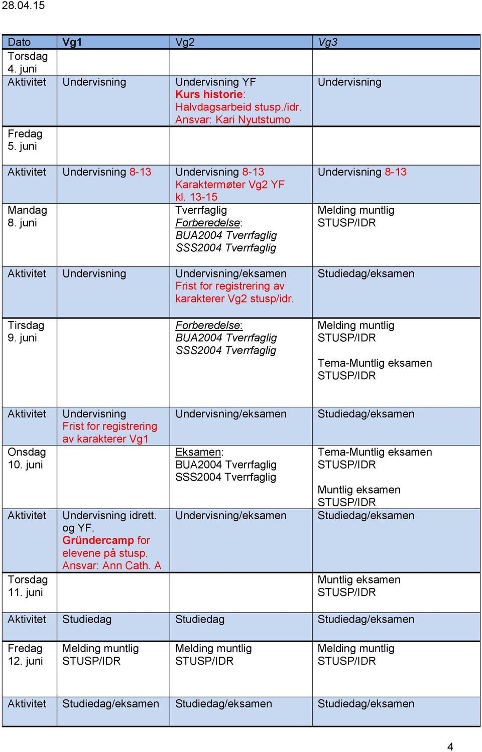 juni Tema-Muntlig 10. juni 11. juni Frist for registrering av karakterer Vg1 idrett. og YF.