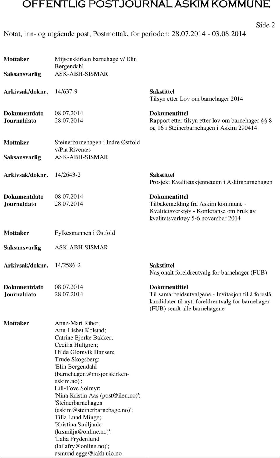 2014 Rapport etter tilsyn etter lov om barnehager 8 og 16 i Steinerbarnehagen i Askim 290414 Steinerbarnehagen i Indre Østfold v/pia Rivenæs ASK-ABH-SISMAR Arkivsak/doknr.