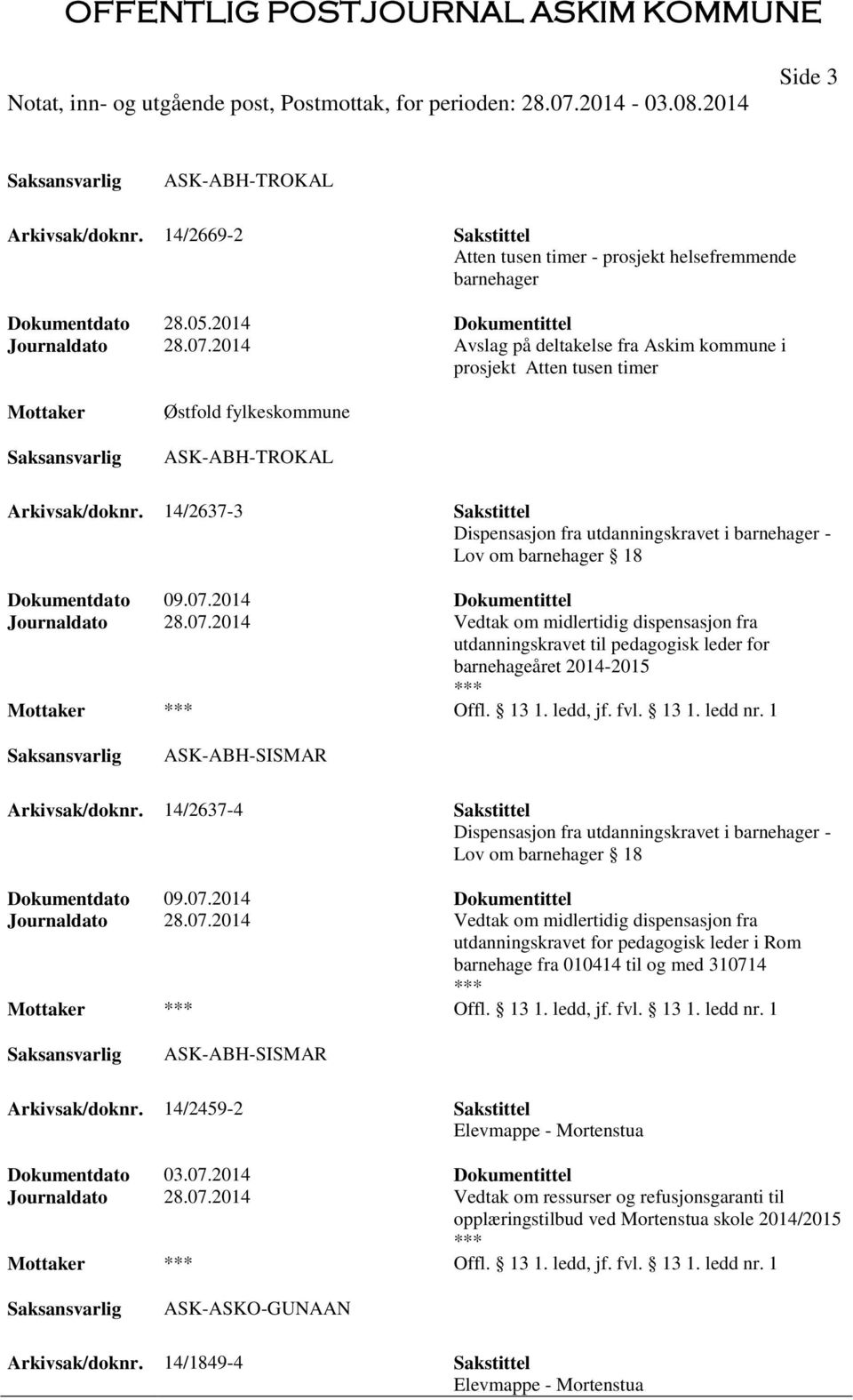 14/2637-3 Sakstittel Dispensasjon fra utdanningskravet i barnehager - Lov om barnehager 18 Dokumentdato 09.07.