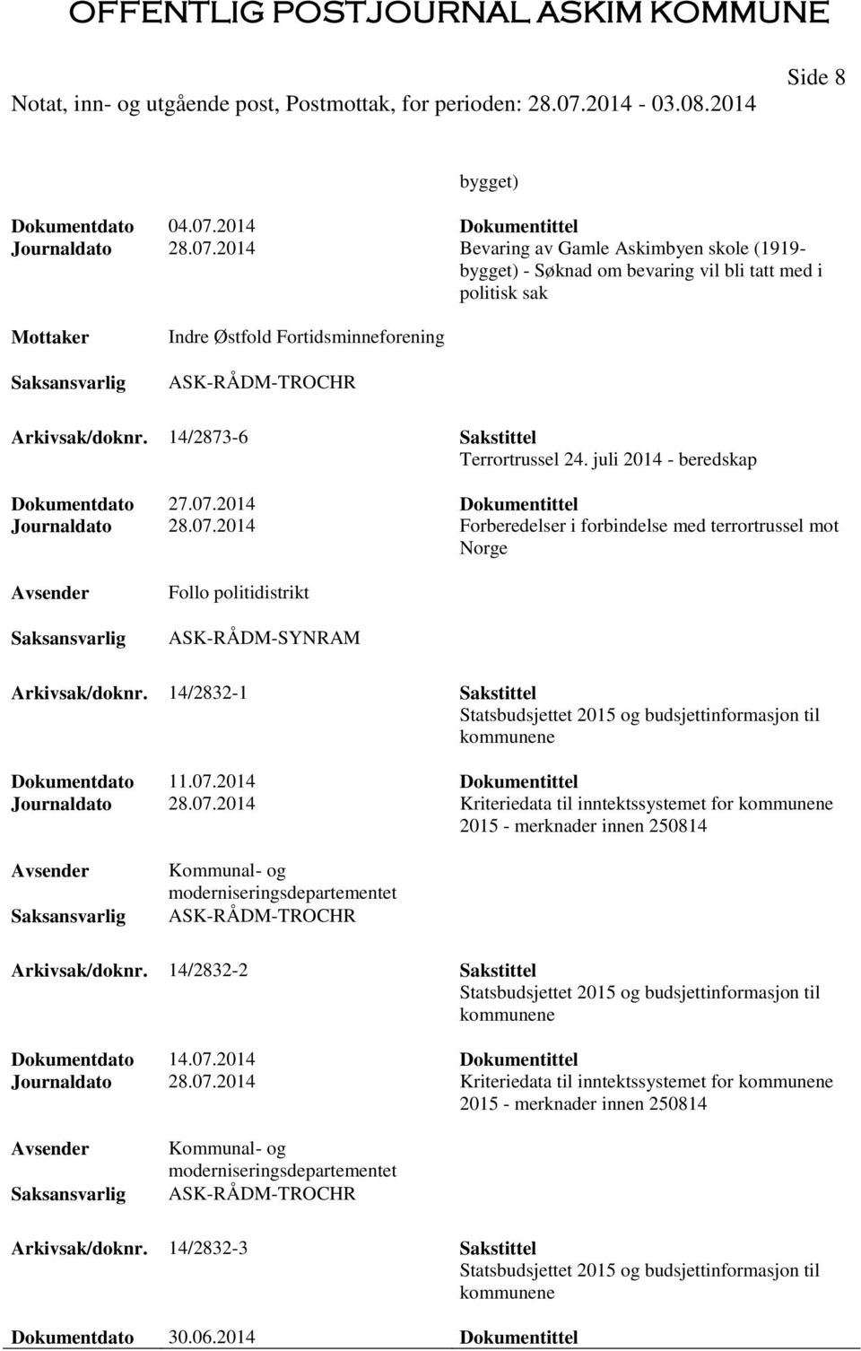 2014 Bevaring av Gamle Askimbyen skole (1919- bygget) - Søknad om bevaring vil bli tatt med i politisk sak Indre Østfold Fortidsminneforening ASK-RÅDM-TROCHR Arkivsak/doknr.