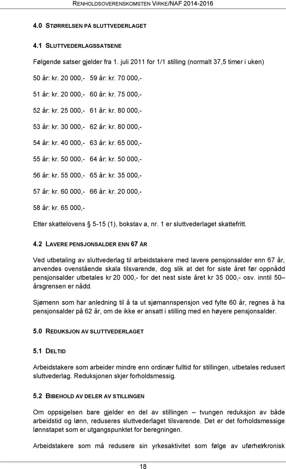 55 000,- 65 år: kr. 35 000,- 57 år: kr. 60 000,- 66 år: kr. 20 000,- 58 år: kr. 65 000,- Etter skattelovens 5-15 (1), bokstav a, nr. 1 er sluttvederlaget skattefritt. 4.