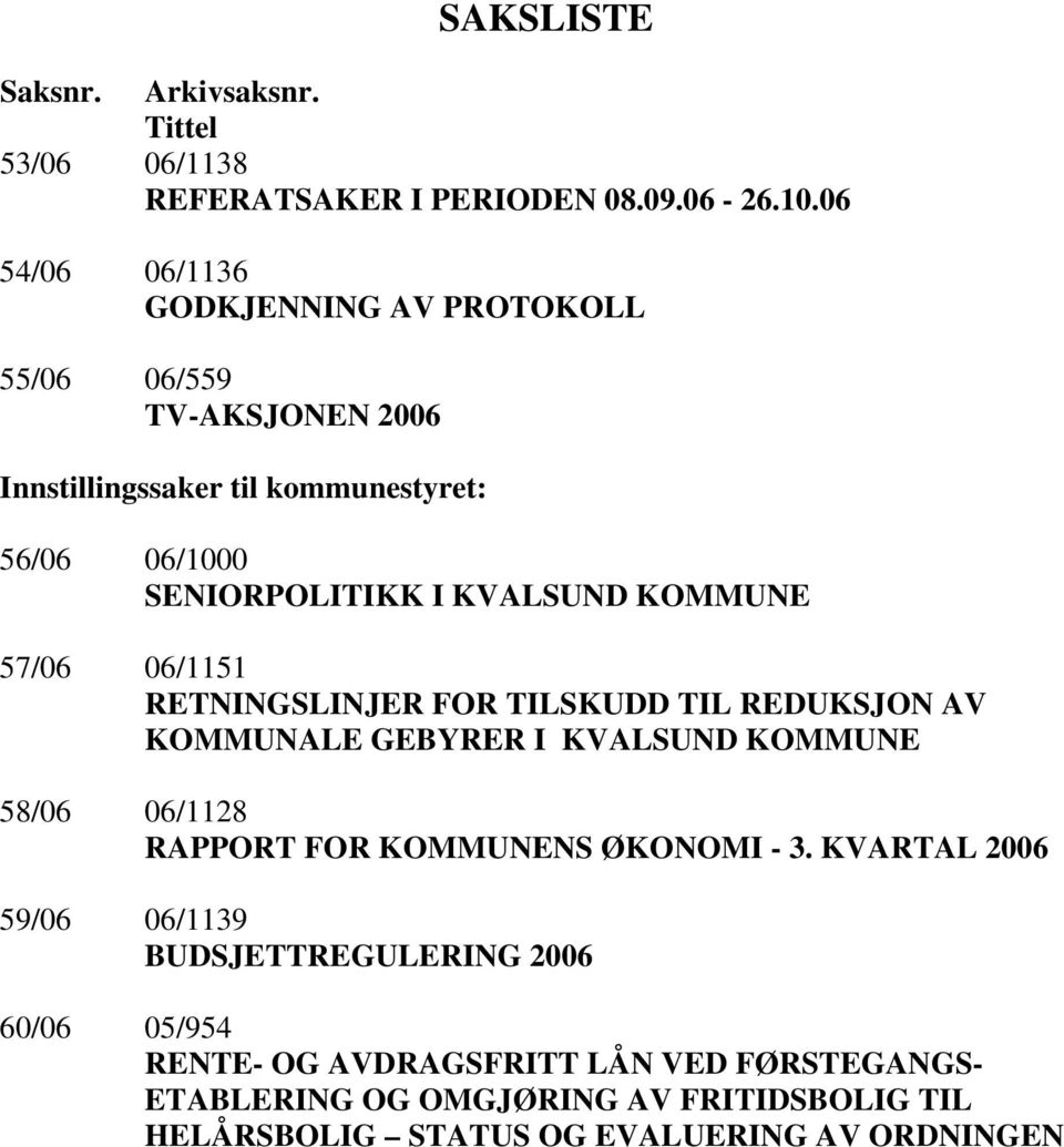 I 57/06 06/1151 RETNINGSLINJER FOR TILSKUDD TIL REDUKSJON AV KOMMUNALE GEBYRER I 58/06 06/1128 RAPPORT FOR KOMMUNENS ØKONOMI - 3.