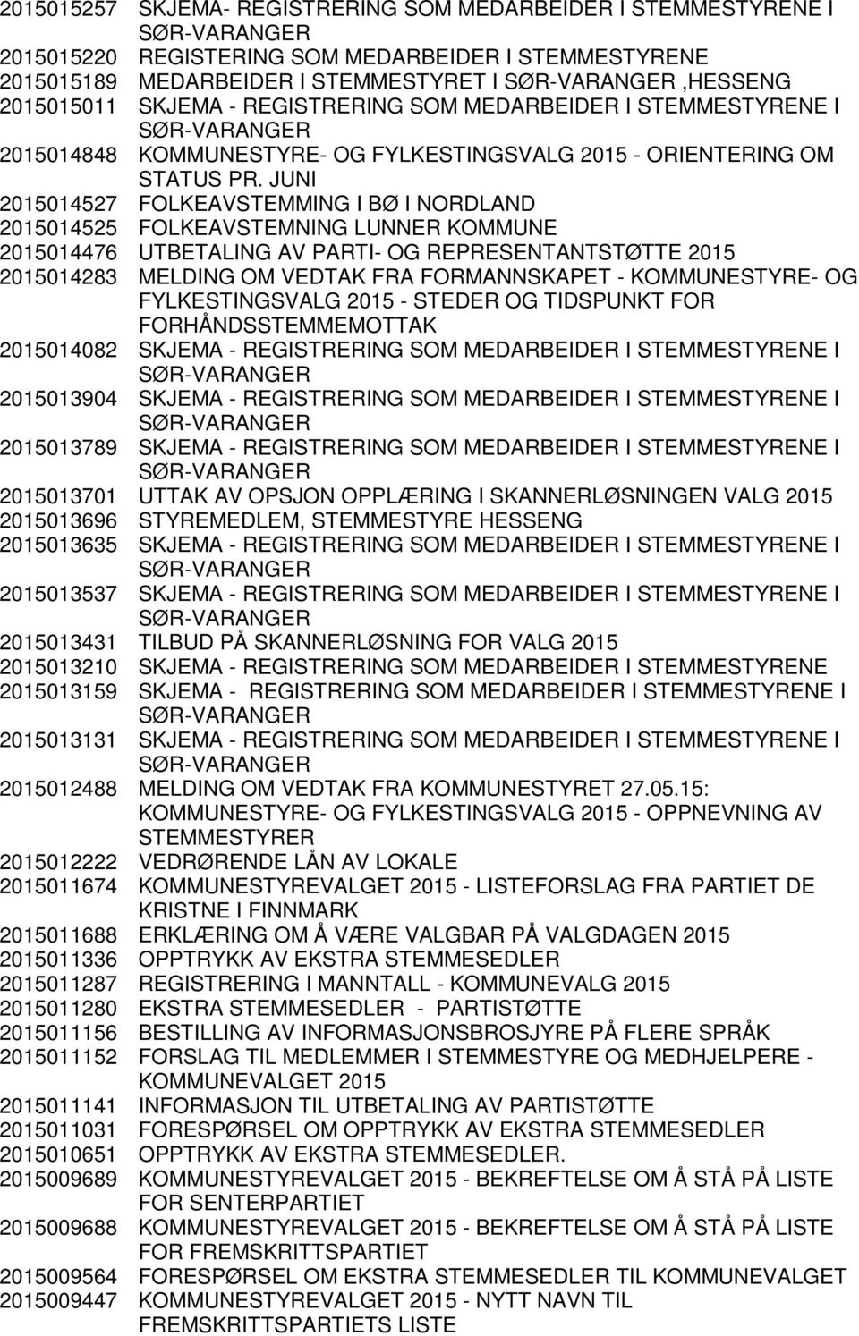 JUNI 2015014527 FOLKEAVSTEMMING I BØ I NORDLAND 2015014525 FOLKEAVSTEMNING LUNNER KOMMUNE 2015014476 UTBETALING AV PARTI- OG REPRESENTANTSTØTTE 2015 2015014283 MELDING OM VEDTAK FRA FORMANNSKAPET -