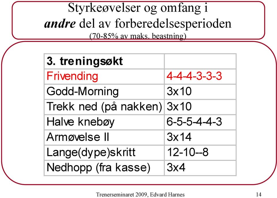 nakken) 3x10 Halve knebøy 6-5-5-4-4-3 Armøvelse II 3x14