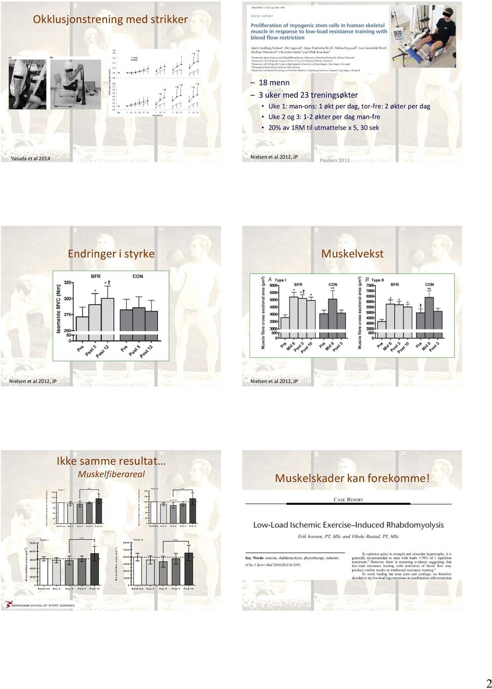 Yasuda et al 214 Nielsen et al 212, JP Paulsen 213 Endringer i styrke Muskelvekst Nielsen et al 212, JP Nielsen et al 212, JP Ikke samme resultat Muskelfiberareal Muskelskader kan forekomme!