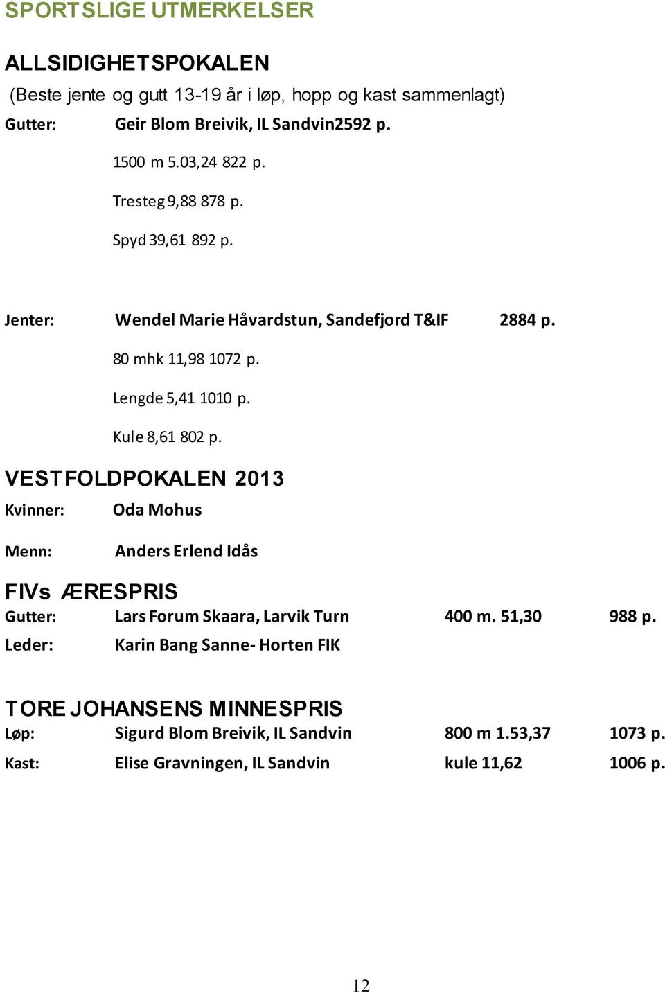 Kule 8,61 802 p. VESTFOLDPOKALEN 2013 Kvinner: Oda Mohus Menn: Anders Erlend Idås FIVs ÆRESPRIS Gutter: Lars Forum Skaara, Larvik Turn 400 m. 51,30 988 p.