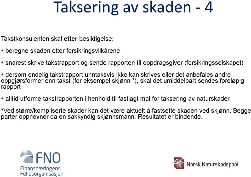 eksempel skjønn *), skal det umiddelbart sendes foreløpig rapport alltid utforme takstrapporten i henhold til fastlagt mal for taksering av naturskader