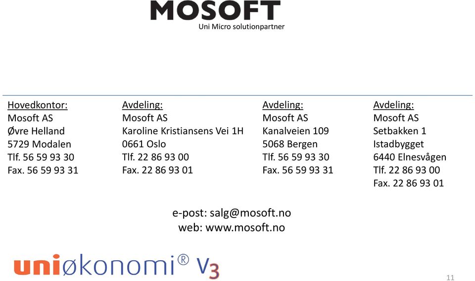 22 86 93 01 Avdeling: Mosoft AS Kanalveien 109 5068 Bergen Tlf. 56 59 93 30 Fax.