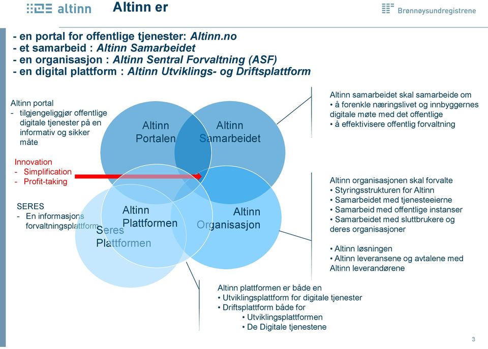 digitale tjenester på en informativ og sikker måte Altinn Portalen Altinn Samarbeidet Altinn samarbeidet skal samarbeide om å forenkle næringslivet og innbyggernes digitale møte med det offentlige å