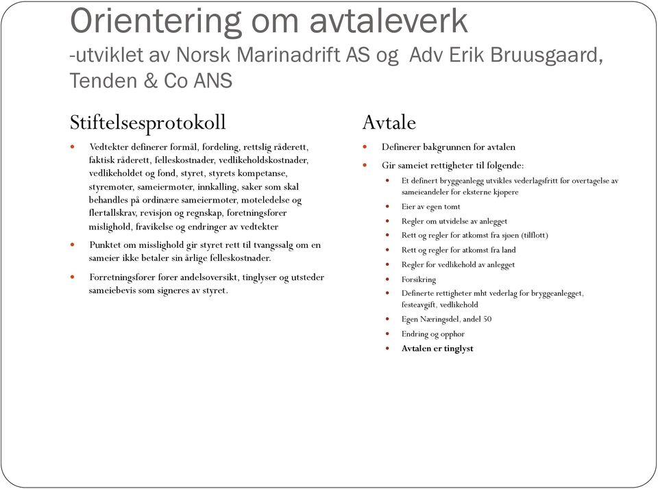 flertallskrav, revisjon og regnskap, foretningsfører mislighold, fravikelse og endringer av vedtekter Punktet om misslighold gir styret rett til tvangssalg om en sameier ikke betaler sin årlige