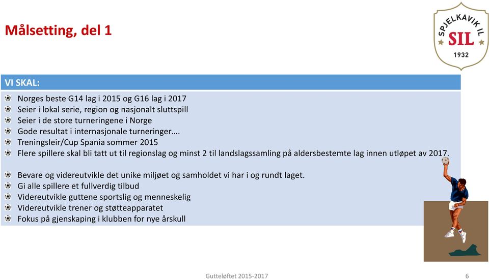 Treningsleir/Cup Spania sommer 2015 Flere spillere skal bli tatt ut til regionslag og minst 2 til landslagssamling på aldersbestemte lag innen utløpet av 2017.