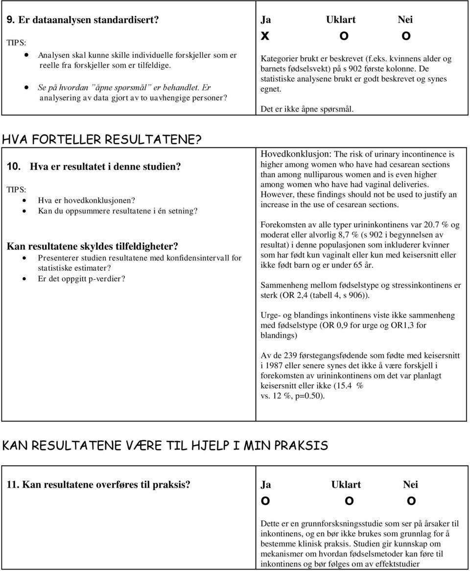 De statistiske analysene brukt er godt beskrevet og synes egnet. Det er ikke åpne spørsmål. HVA FORTELLER RESULTATENE? 10. Hva er resultatet i denne studien? Hva er hovedkonklusjonen?