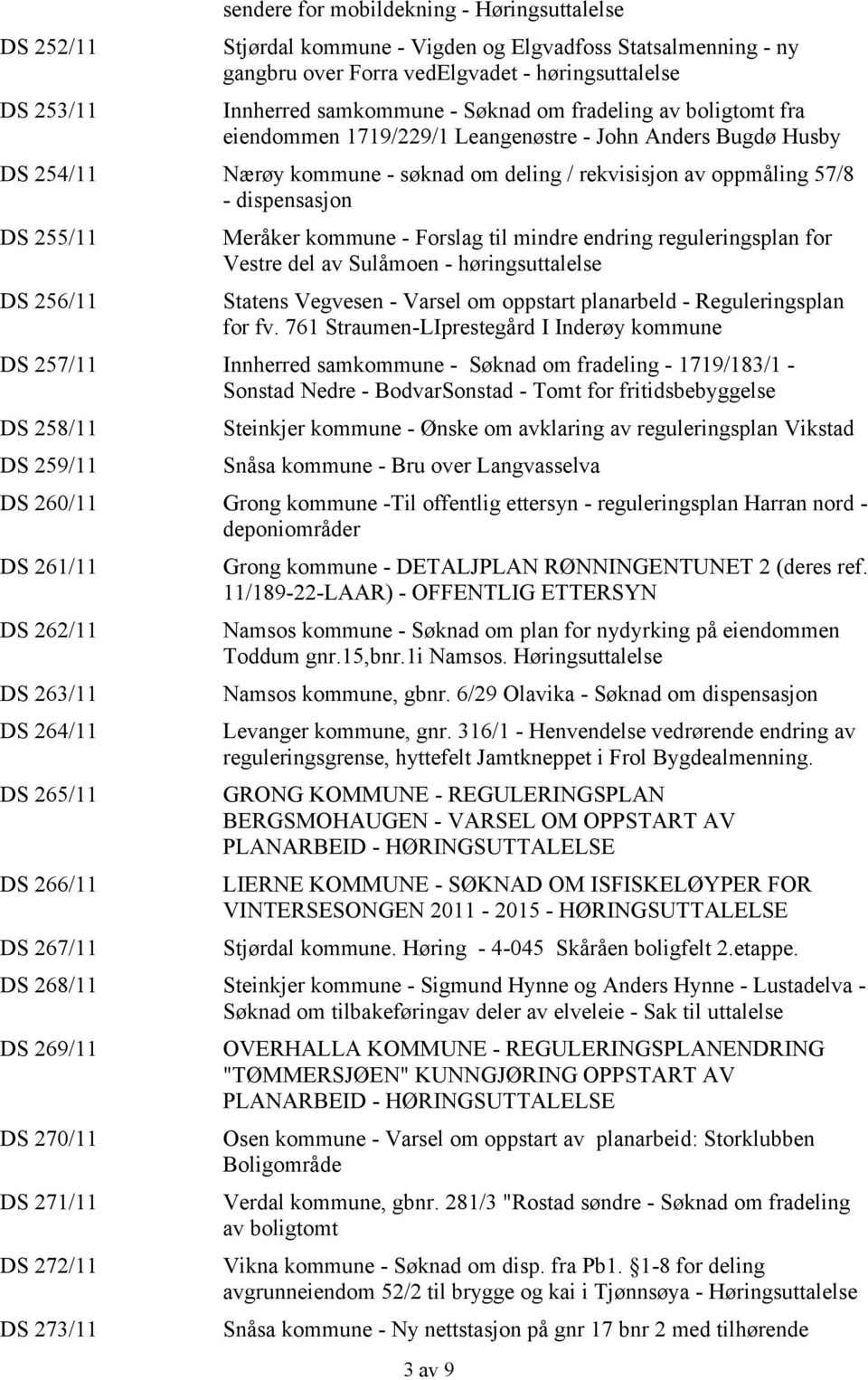 DS 256/11 Meråker kommune - Forslag til mindre endring reguleringsplan for Vestre del av Sulåmoen - høringsuttalelse Statens Vegvesen - Varsel om oppstart planarbeld - Reguleringsplan for fv.