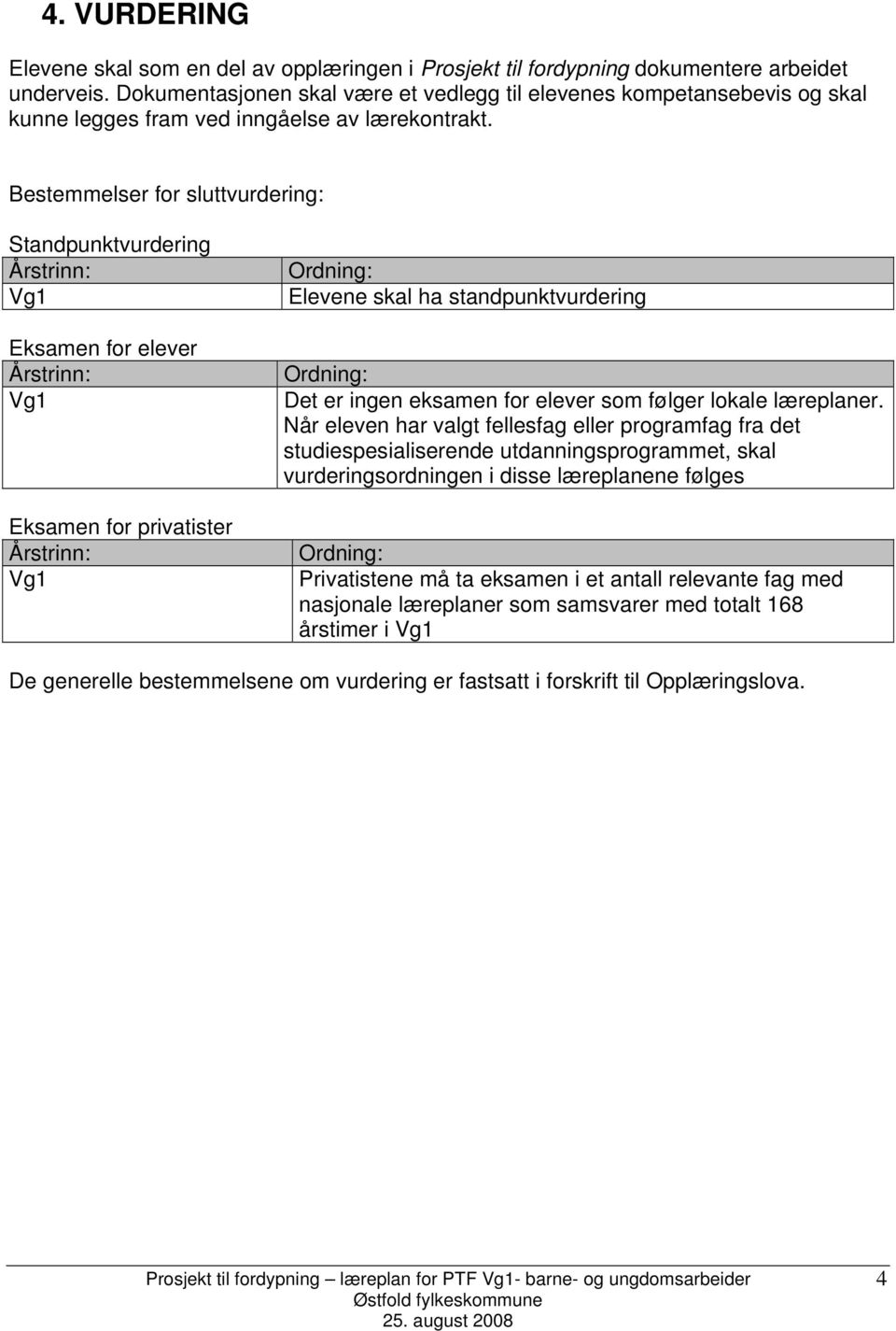 Bestemmelser for sluttvurdering: Standpunktvurdering Årstrinn: Vg1 Eksamen for elever Årstrinn: Vg1 Eksamen for privatister Årstrinn: Vg1 Ordning: Elevene skal ha standpunktvurdering Ordning: Det er
