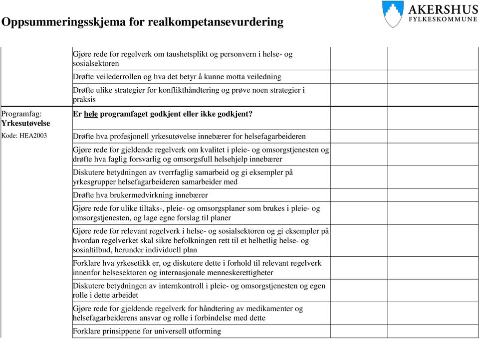 omsorgstjenesten og drøfte hva faglig forsvarlig og omsorgsfull helsehjelp innebærer Diskutere betydningen av tverrfaglig samarbeid og gi eksempler på yrkesgrupper helsefagarbeideren samarbeider med