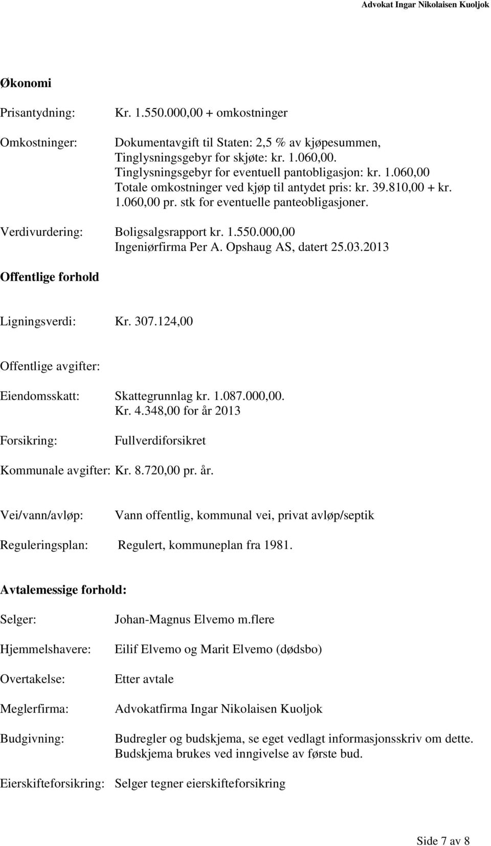 Verdivurdering: Boligsalgsrapport kr. 1.550.000,00 Ingeniørfirma Per A. Opshaug AS, datert 25.03.2013 Offentlige forhold Ligningsverdi: Kr. 307.