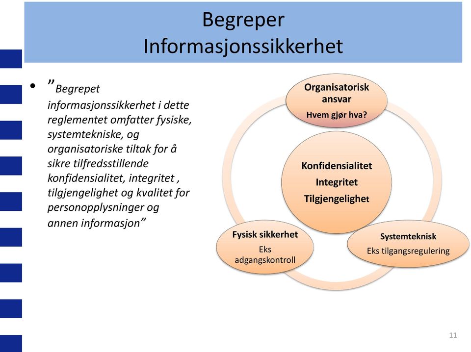 tilgjengelighet og kvalitet for personopplysninger og annen informasjon Fysisk sikkerhet Eks