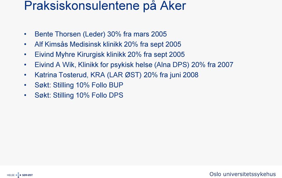 2005 Eivind A Wik, Klinikk for psykisk helse (Alna DPS) 20% fra 2007 Katrina