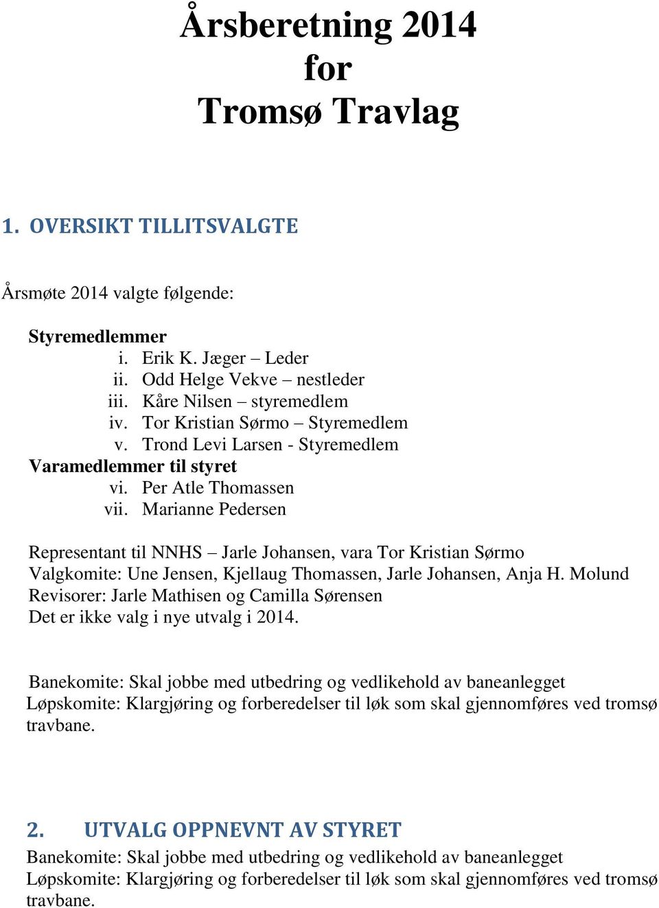 Marianne Pedersen Representant til NNHS Jarle Johansen, vara Tor Kristian Sørmo Valgkomite: Une Jensen, Kjellaug Thomassen, Jarle Johansen, Anja H.