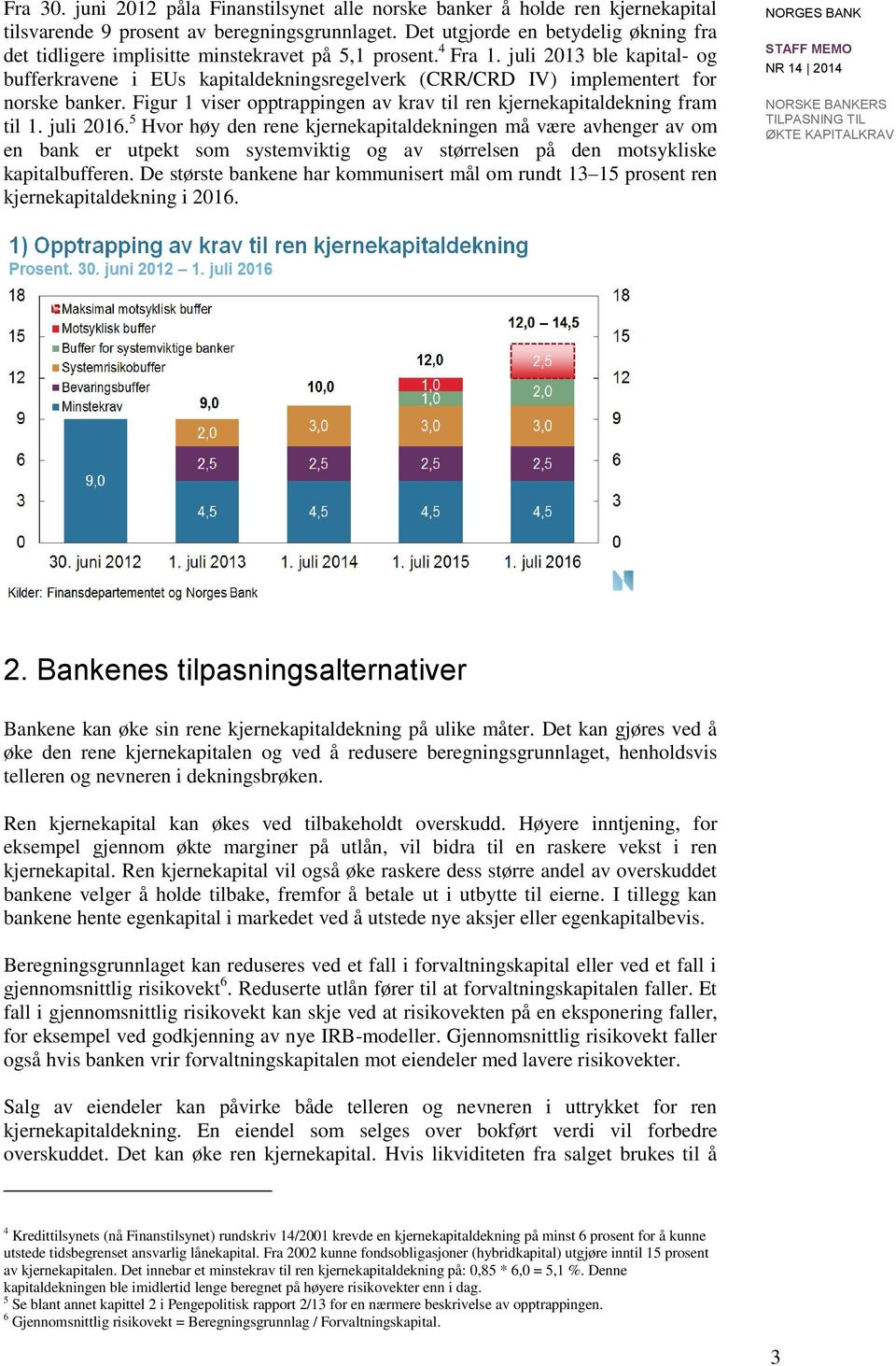 juli 2013 ble kapital- og bufferkravene i EUs kapitaldekningsregelverk (CRR/CRD IV) implementert for norske banker. Figur 1 viser opptrappingen av krav til ren kjernekapitaldekning fram til 1.