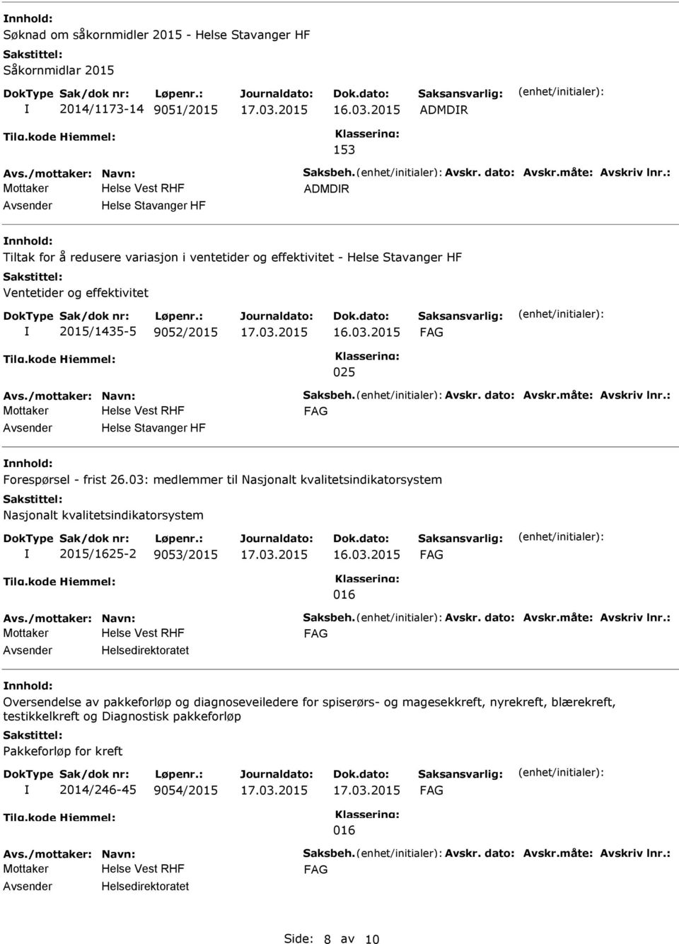 03: medlemmer til Nasjonalt kvalitetsindikatorsystem Nasjonalt kvalitetsindikatorsystem 2015/1625-2 9053/2015 016 Helsedirektoratet Oversendelse av pakkeforløp og