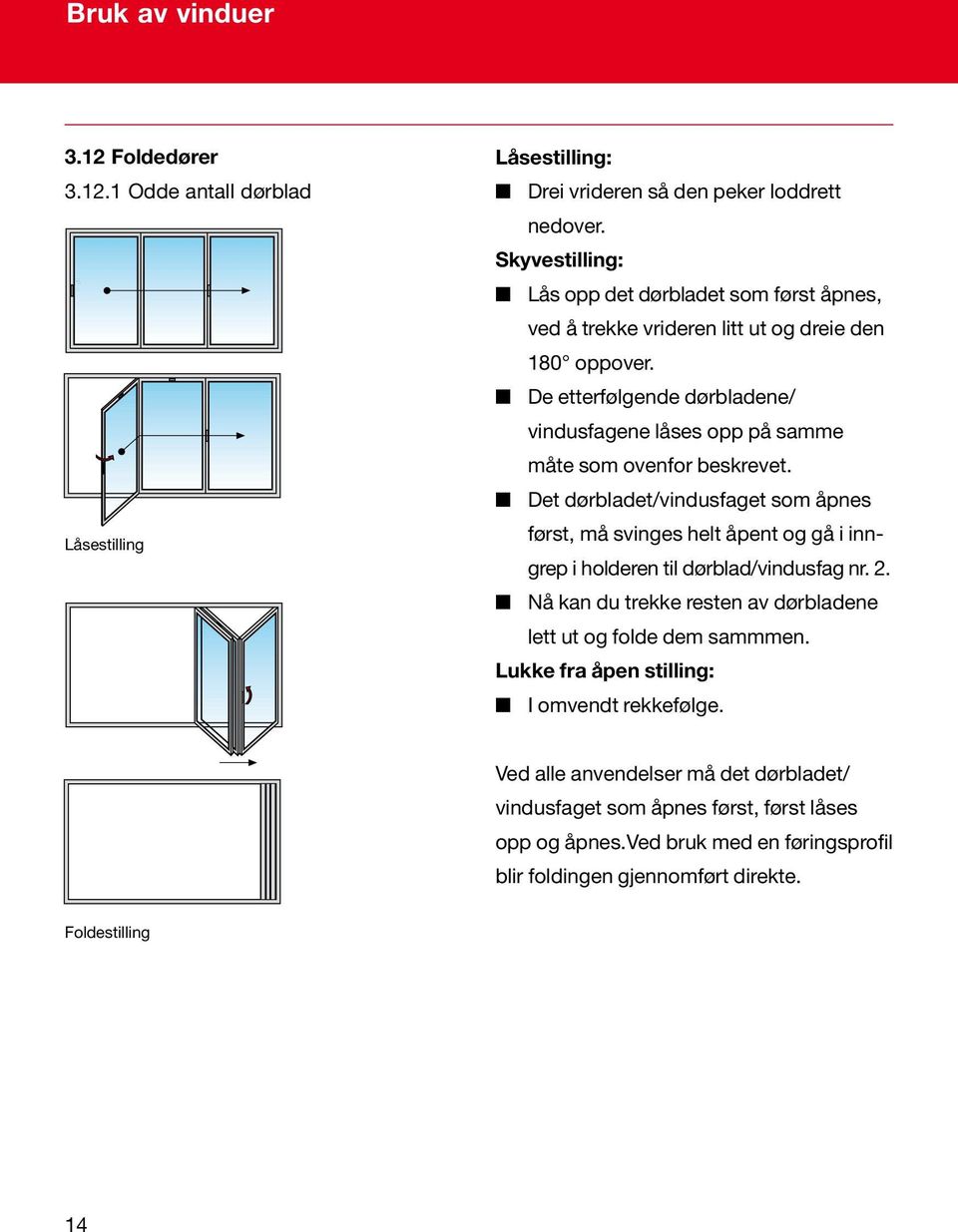 De etterfølgende dørbladene/ vindusfagene låses opp på samme måte som ovenfor beskrevet.