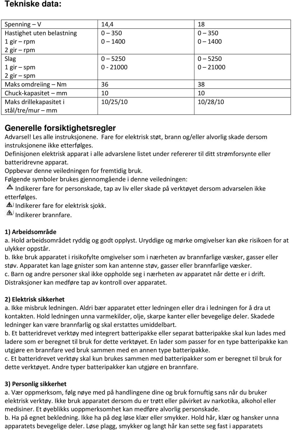 Fare for elektrisk støt, brann og/eller alvorlig skade dersom instruksjonene ikke etterfølges.