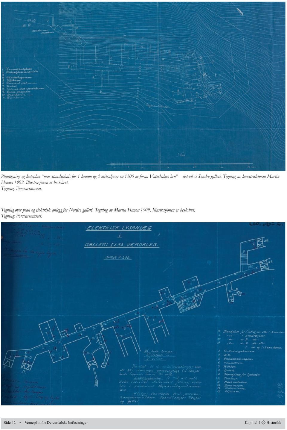 Tegning: Forsvarsmuseet. Tegning over plan og elektrisk anlegg for Nordre galleri.