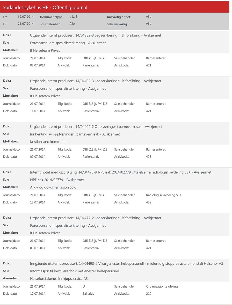 2014 Pasientarkiv 421 tgående internt produsert, 14/04404-2 Opplysninger i barnevernssak - Innhenting av opplysninger i barnevernssak - Kristiansand kommune Barnesenteret 09.07.