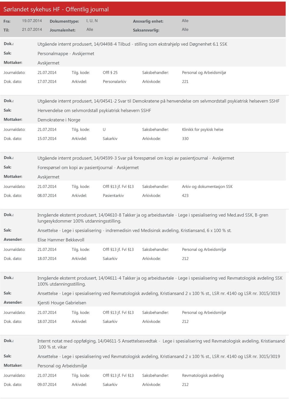 Demokratene i Norge Klinikk for psykisk helse 15.07.2014 330 tgående internt produsert, 14/04599-3 Svar på forespørsel om kopi av pasientjournal - Forespørsel om kopi av pasientjournal - 08.07.2014 Pasientarkiv 423 Inngående eksternt produsert, 14/04610-8 Takker ja og arbeidsavtale - Lege i spesialisering ved Med.