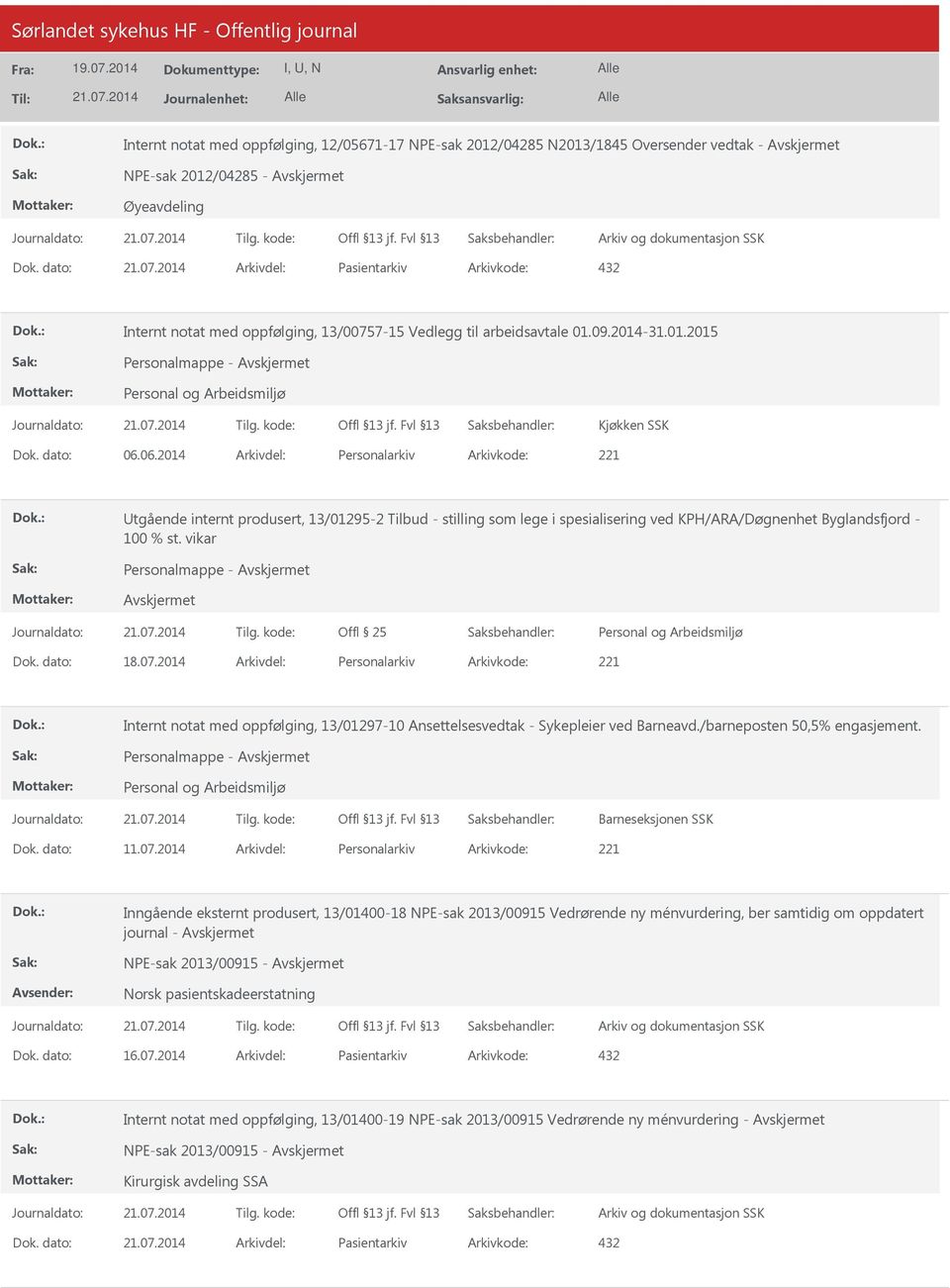 06.2014 Personalarkiv 221 tgående internt produsert, 13/01295-2 Tilbud - stilling som lege i spesialisering ved KPH/ARA/Døgnenhet Byglandsfjord - 100 % st. vikar Offl 25 18.07.