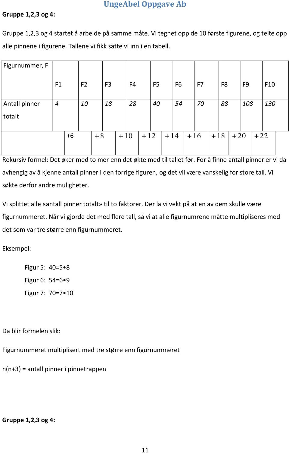 Figurnummer, F F1 F2 F3 F4 F5 F6 F7 F8 F9 F10 Antall pinner totalt 4 10 18 28 40 54 70 88 108 130 +6 +8 +10 +12 +14 +16 +18 +20 +22 Rekursiv formel: Det øker med to mer enn det økte med til tallet