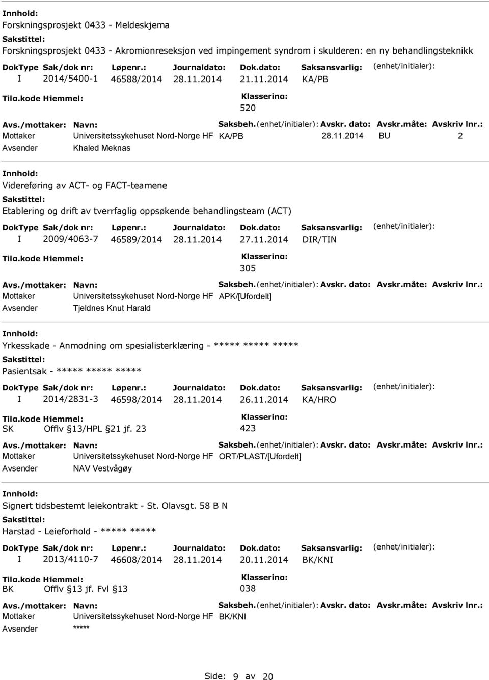 : Mottaker niversitetssykehuset Nord-Norge HF KA/B B 2 Khaled Meknas nnhold: Videreføring av ACT- og FACT-teamene Etablering og drift av tverrfaglig oppsøkende behandlingsteam (ACT) 2009/4063-7