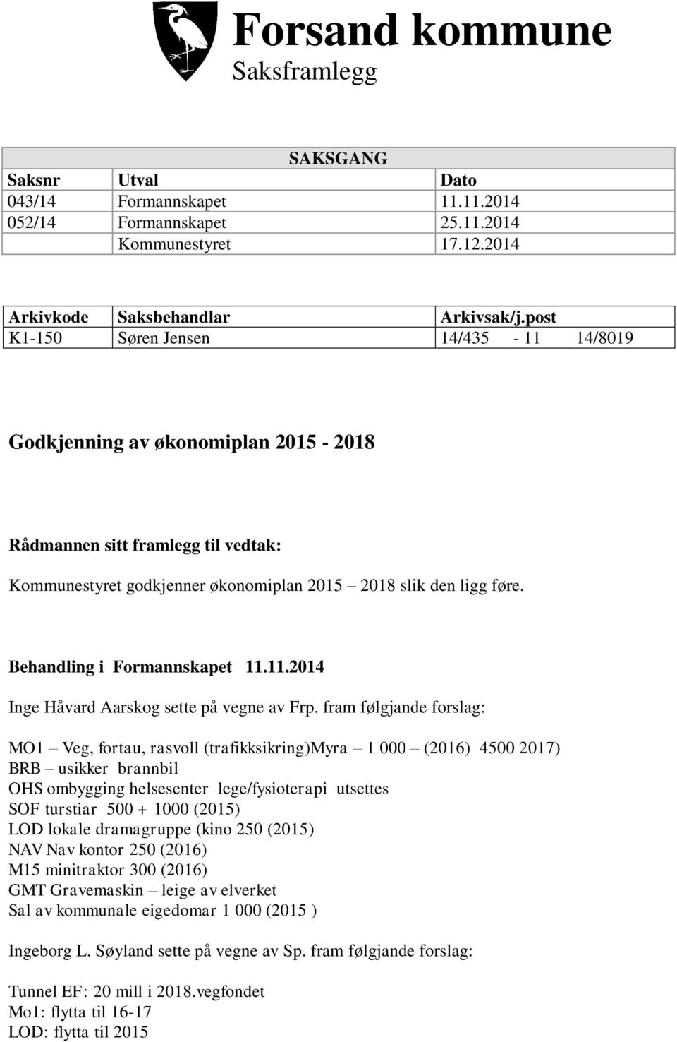 Behandling i Formannskapet 11.11.2014 Inge Håvard Aarskog sette på vegne av Frp.