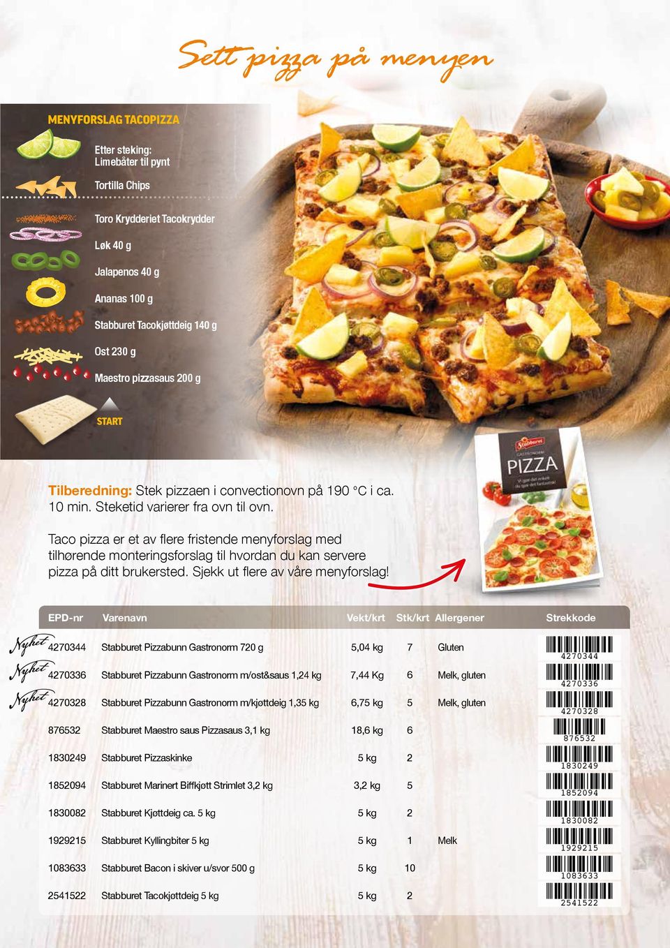 Taco pizza er et av flere fristende menyforslag med tilhørende monteringsforslag til hvordan du kan servere pizza på ditt brukersted. Sjekk ut flere av våre menyforslag!