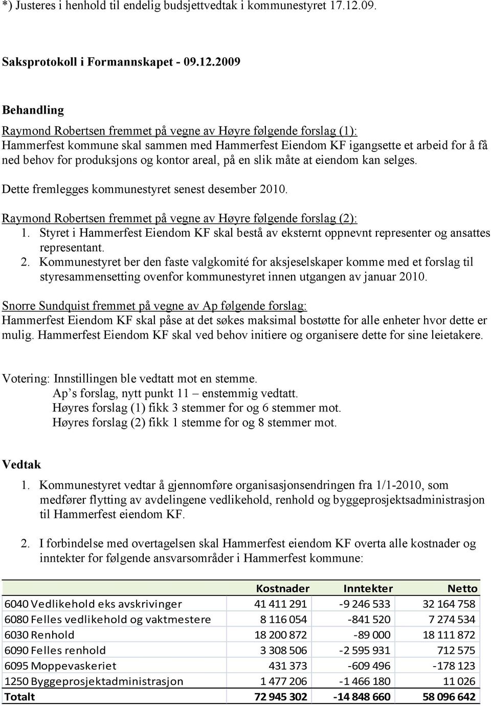 2009 Raymond Robertsen fremmet på vegne av Høyre følgende forslag (1): Hammerfest kommune skal sammen med Hammerfest Eiendom KF igangsette et arbeid for å få ned behov for produksjons og kontor