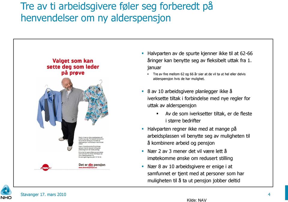 8 av 10 arbeidsgivere planlegger ikke å iverksette tiltak i forbindelse med nye regler for uttak av alderspensjon Av de som iverksetter tiltak, er de fleste i større bedrifter Halvparten regner ikke