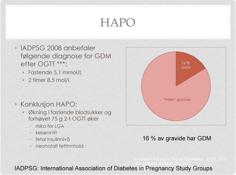insulinnivå neonatalt fettinnhold Friske gravide 16 % av gravide har GDM European Society s Clinical Guidelines,