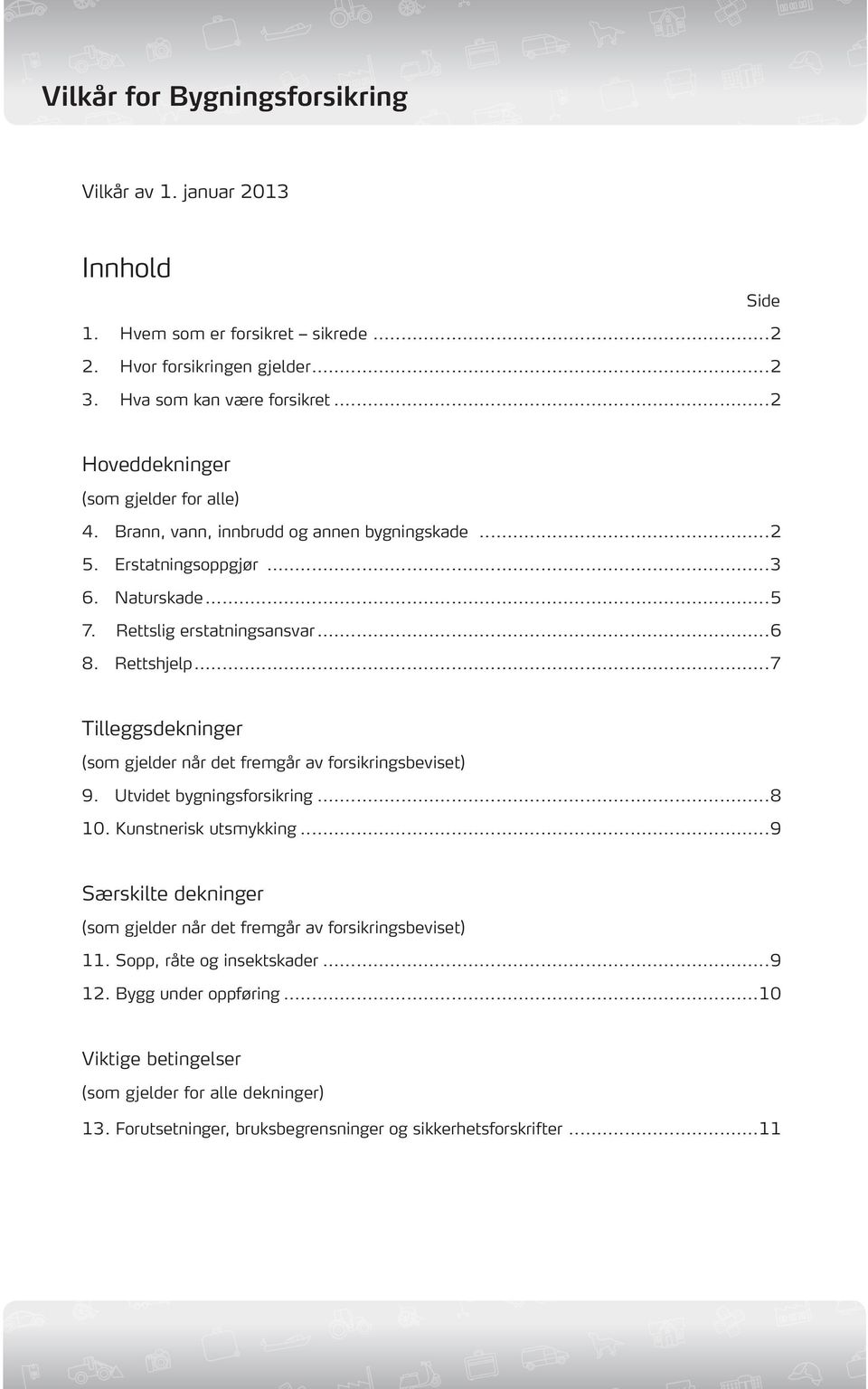 ..7 Tilleggsdekninger (som gjelder når det fremgår av forsikringsbeviset) 9. Utvidet bygningsforsikring...8 10. Kunstnerisk utsmykking.