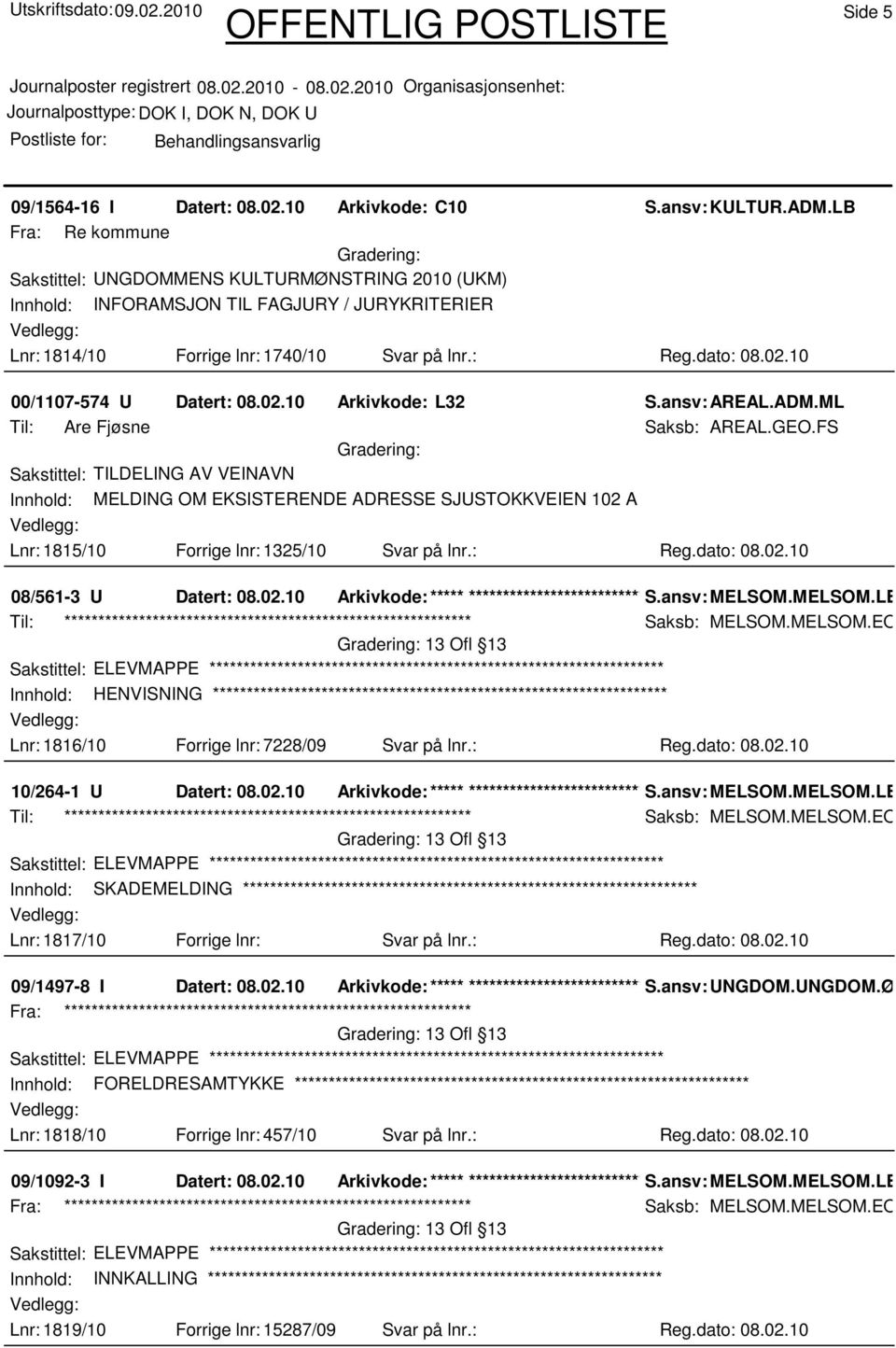 10 00/1107-574 U Datert: 08.02.10 Arkivkode: L32 S.ansv: AREAL.ADM.ML Til: Are Fjøsne Saksb: AREAL.GEO.