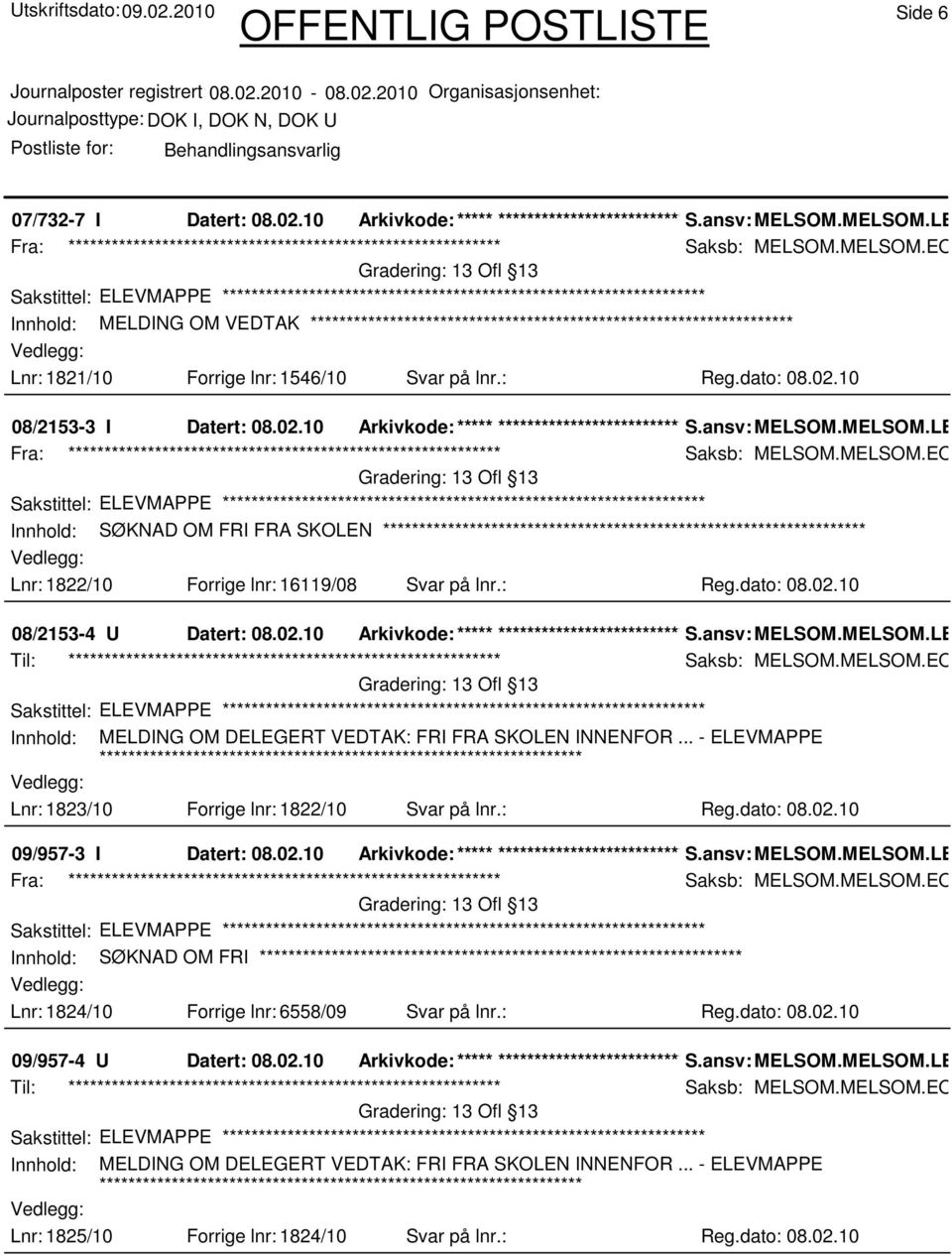 02.10 Arkivkode:***** ****************************** S.ansv: MELSOM.MELSOM.LEB Innhold: MELDING OM DELEGERT VEDTAK: FRI FRA SKOLEN INNENFOR... - ELEVMAPPE Lnr: 1823/10 Forrige lnr: 1822/10 Svar på lnr.