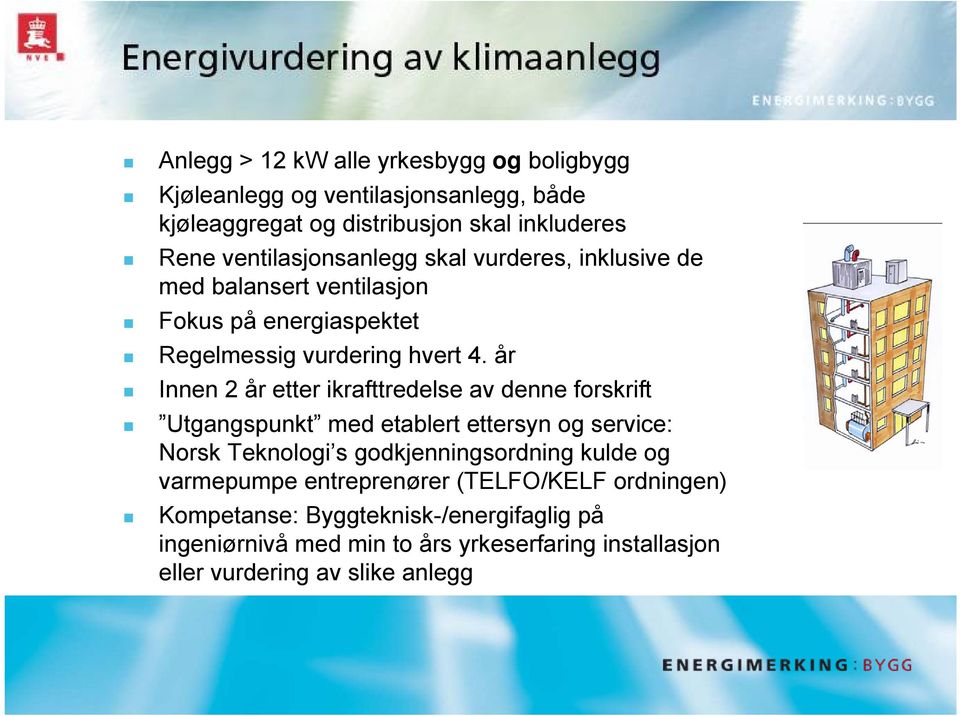 4. år Innen 2 år etter ikrafttredelse av denne forskrift Utgangspunkt med etablert ettersyn og service: Norsk Teknologi s godkjenningsordning kulde og