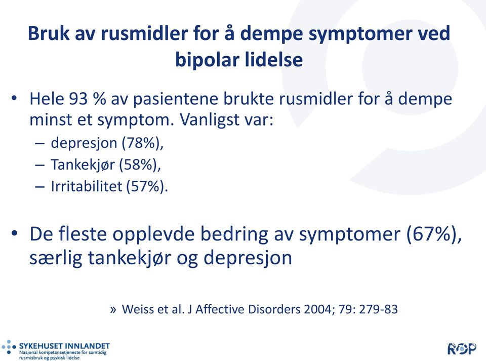 Vanligst var: depresjon (78%), Tankekjør (58%), Irritabilitet (57%).