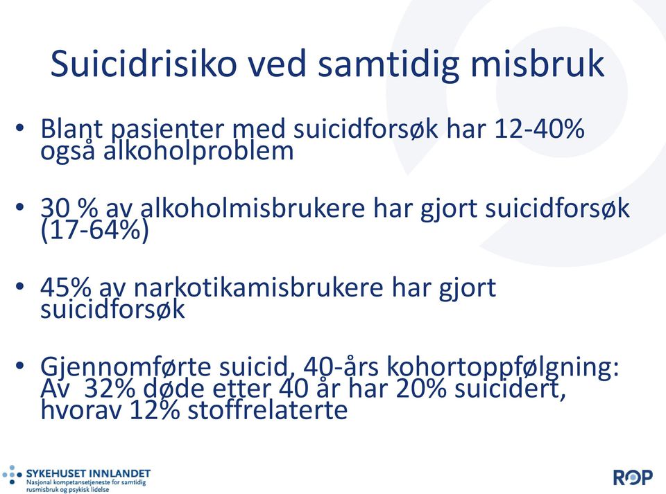 45% av narkotikamisbrukere har gjort suicidforsøk Gjennomførte suicid, 40-års