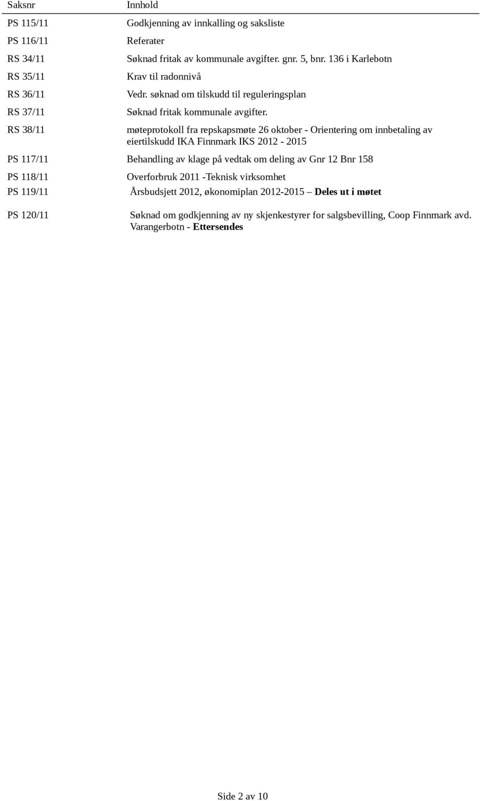 møteprotokoll fra repskapsmøte 26 oktober - Orientering om innbetaling av eiertilskudd IKA Finnmark IKS 2012-2015 PS 117/11 Behandling av klage på vedtak om deling av Gnr 12 Bnr