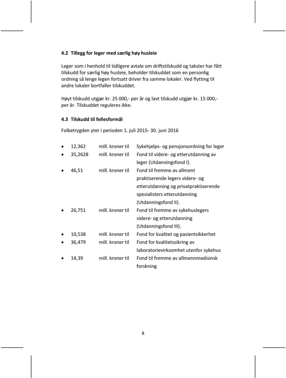 Tilskuddet reguleres ikke. 4.3 Tilskudd til fellesformål Folketrygden yter i perioden 1. juli 2015-30. juni 2016 12,362 mill. kroner til Sykehjelps- og pensjonsordning for leger 35,2628 mill.